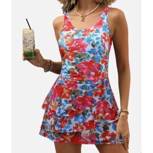 NEW CiCiBird Red Floral Swimdress Womens Medium NWT One Piece Skirted Swimsuit